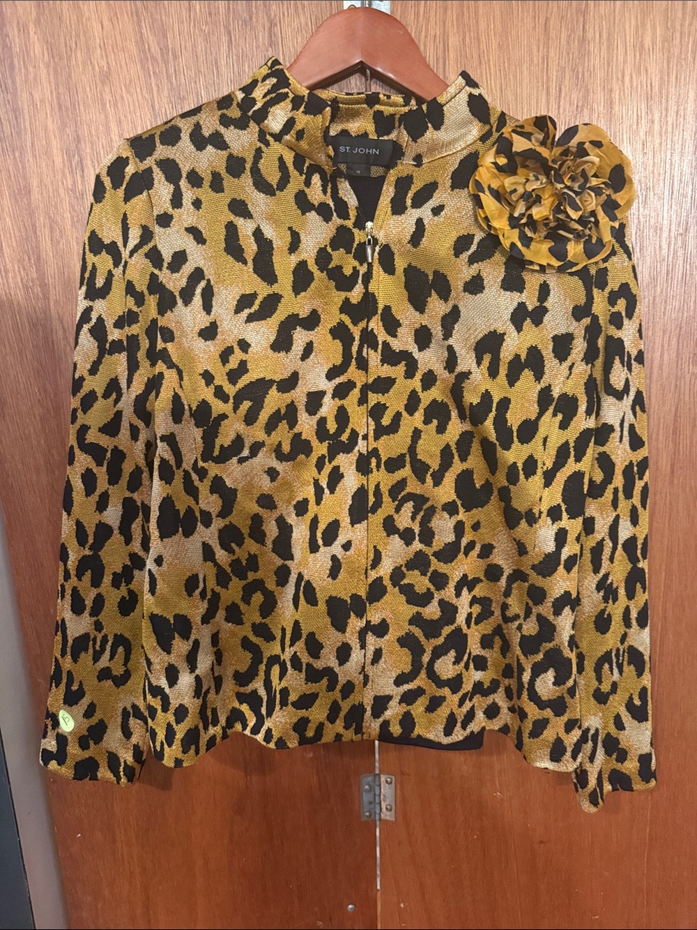 St. John Gold and Black Leopard-Print Zip Jacket with Floral Accent